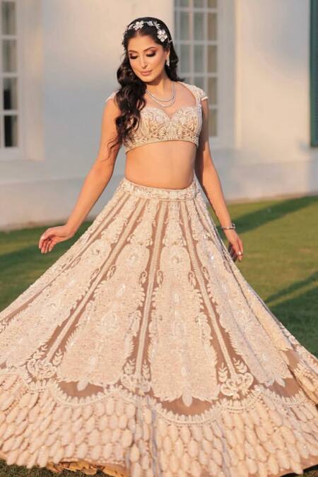 Kaynaat By Aanchal Sawhney_Brown Net Cut Work, Sequins, Pearls Taupe 3d Leaf Embroidered Lehenga Set _Online_at_Aza_Fashions
