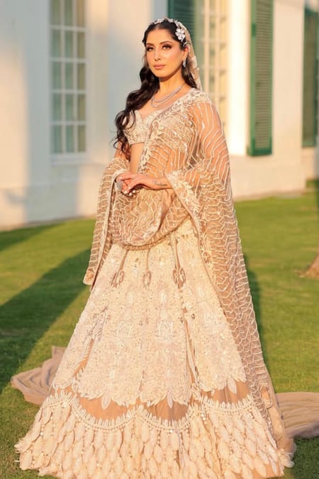 Buy_Kaynaat By Aanchal Sawhney_Brown Net Cut Work, Sequins, Pearls Taupe 3d Leaf Embroidered Lehenga Set _Online_at_Aza_Fashions