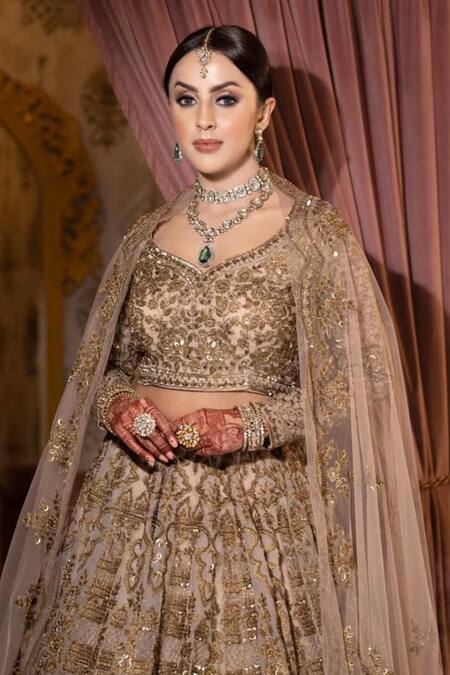 Buy_Kaynaat By Aanchal Sawhney_Brown Net Sequins, Embroidery Asymmetric Kishti Bridal Lehenga Set _Online_at_Aza_Fashions