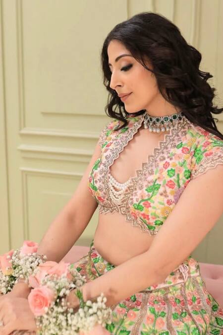 Kaynaat By Aanchal Sawhney_Pink Organza, Net Pearls, Sequins, Cut Work, Embroidery Floral Vine Lehenga Set _Online_at_Aza_Fashions
