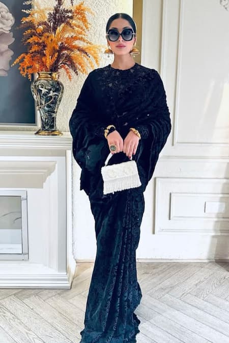 Kaynaat By Aanchal Sawhney Black Velvet Cutwork Embroidered Saree 