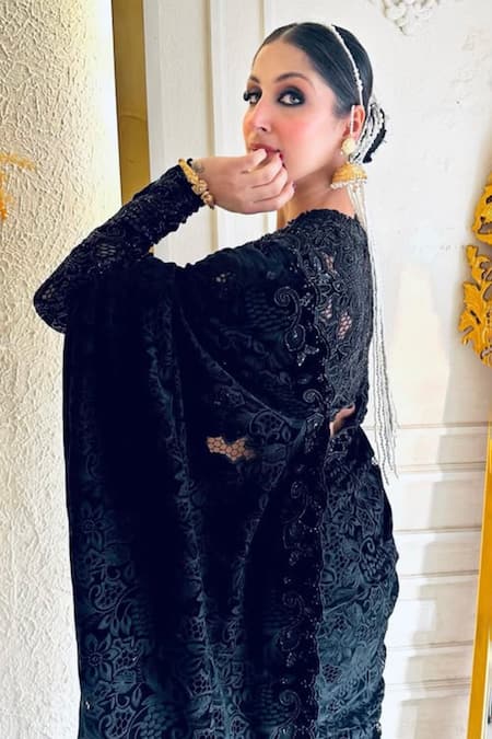 Buy_Kaynaat By Aanchal Sawhney_Black Velvet Beads, Sequins, Cut Work Round Neck Embroidered Saree _Online_at_Aza_Fashions