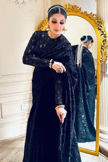 Shop_Kaynaat By Aanchal Sawhney_Black Velvet Beads, Sequins, Cut Work Round Neck Embroidered Saree _Online_at_Aza_Fashions