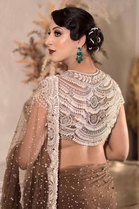 Buy_Kaynaat By Aanchal Sawhney_Brown Net Pearls, Stones Round Neck Work Embellished Scalloped Saree _Online_at_Aza_Fashions