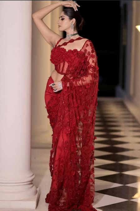 Buy_Kaynaat By Aanchal Sawhney_Red Net Sequins, Beads, Zari Asymmetric Flower Embellished 3d Work Saree Set _Online_at_Aza_Fashions