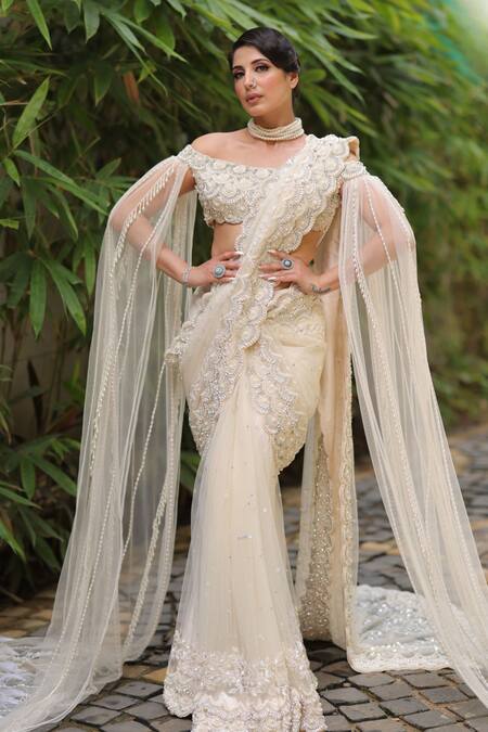 Kaynaat By Aanchal Sawhney_Cream Net Pearls, Sequins, Zari Off-shoulder Embellished Pre-draped Saree Set _Online_at_Aza_Fashions