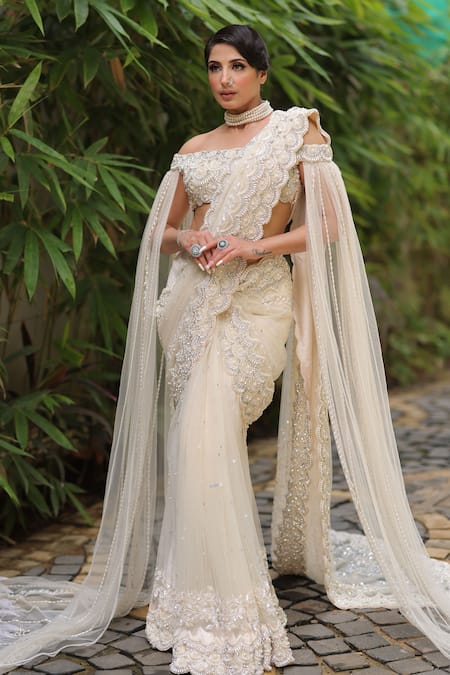 Buy_Kaynaat By Aanchal Sawhney_Cream Net Pearls, Sequins, Zari Off-shoulder Embellished Pre-draped Saree Set _Online_at_Aza_Fashions