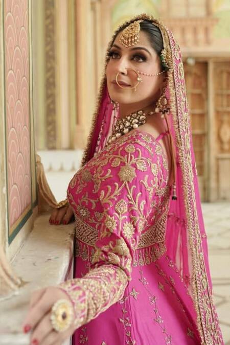 Kaynaat By Aanchal Sawhney_Pink Silk, Organza, Georgette Beads, Cut Embellished Nakshi Lehenga Anarkali Set _Online_at_Aza_Fashions
