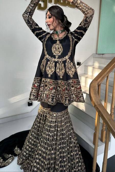 Kaynaat By Aanchal Sawhney_Black Silk, Organza Sequins, Beads, Zardozi Embroidered Anarkali Gharara Set _Online_at_Aza_Fashions