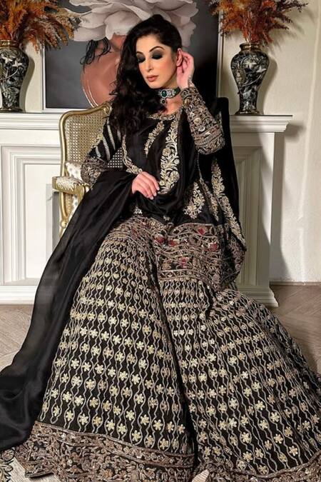 Buy_Kaynaat By Aanchal Sawhney_Black Silk, Organza Sequins, Beads, Zardozi Embroidered Anarkali Gharara Set _Online_at_Aza_Fashions