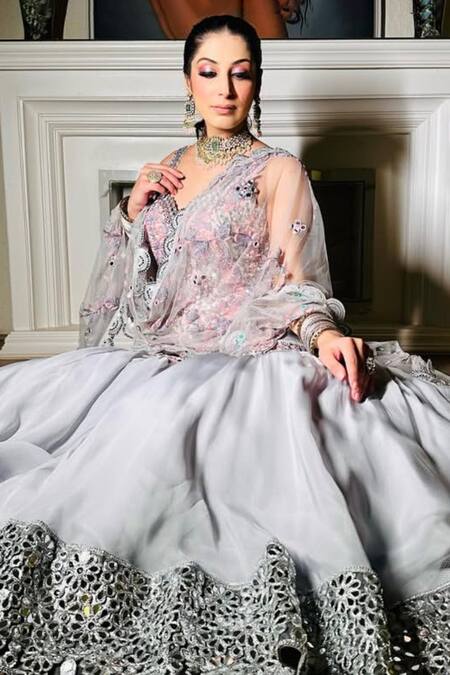 Kaynaat By Aanchal Sawhney_Gray Organza, Net Mirrors, Cut Work, Beads Embroidered Grey Kurta Gharara Set _Online_at_Aza_Fashions