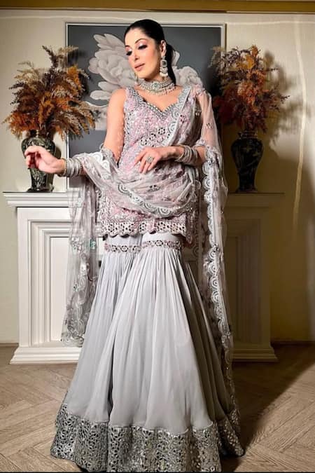 Buy_Kaynaat By Aanchal Sawhney_Gray Organza, Net Mirrors, Cut Work, Beads Embroidered Grey Kurta Gharara Set _Online_at_Aza_Fashions