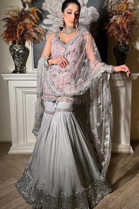 Kaynaat By Aanchal Sawhney Embroidered Grey Kurta Gharara Set 