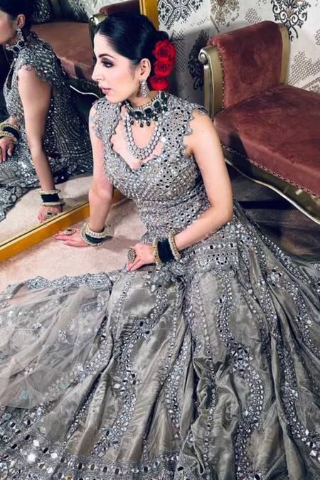 Kaynaat By Aanchal Sawhney_Gray Net, Tissue Beads, Sequins Collared Mirror Embroidered Kurta Sharara Set _Online_at_Aza_Fashions