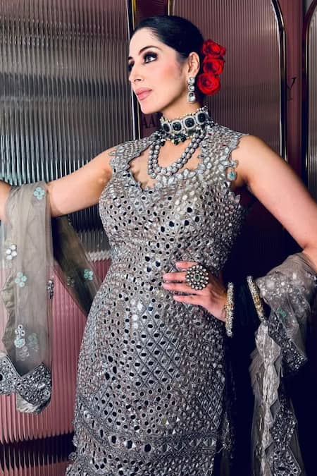 Buy_Kaynaat By Aanchal Sawhney_Gray Net, Tissue Beads, Sequins Collared Mirror Embroidered Kurta Sharara Set _Online_at_Aza_Fashions