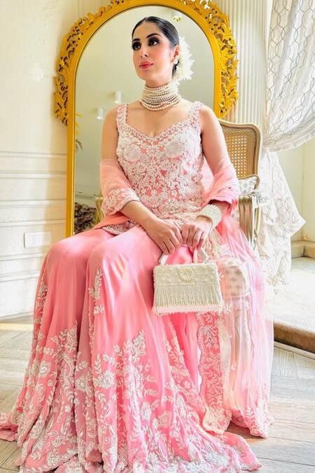 Buy_Kaynaat By Aanchal Sawhney_Pink Organza, Net Crystals, Pearls, Beads Floral Embellished Kurta Sharara Set _Online_at_Aza_Fashions