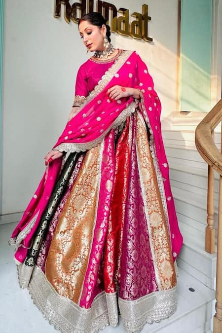 Kaynaat By Aanchal Sawhney_Purple Silk, Brocade, Chiffon Zari, Beads, Floral Woven Sharara Blouse Set _Online_at_Aza_Fashions