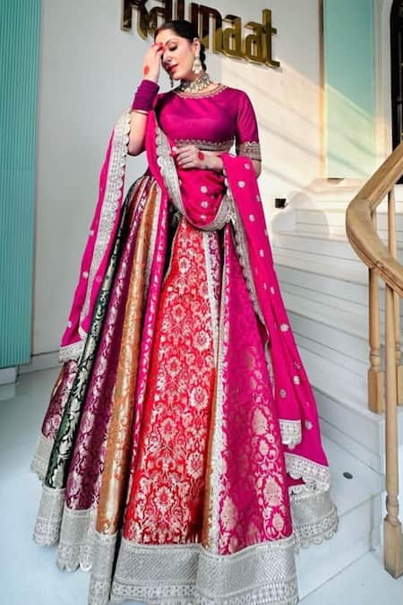 Buy_Kaynaat By Aanchal Sawhney_Purple Silk, Brocade, Chiffon Zari, Beads, Floral Woven Sharara Blouse Set _Online_at_Aza_Fashions