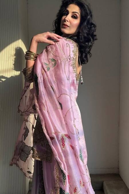 Kaynaat By Aanchal Sawhney_Pink Organza, Tissue Zari, Embroidery, Cut Work Split V-neck Zardozi Kurta Set _Online_at_Aza_Fashions