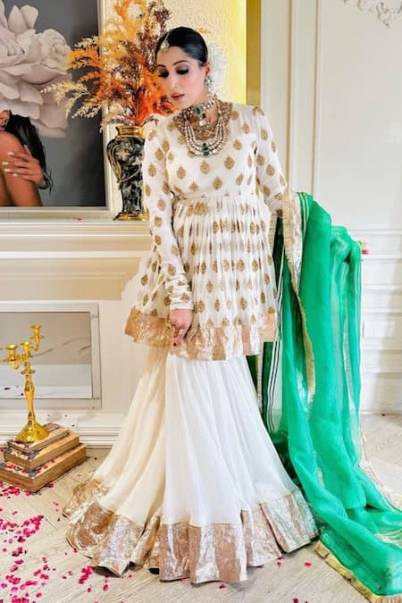 Kaynaat By Aanchal Sawhney Floral Woven Peplum Anarkali Gharara Set 