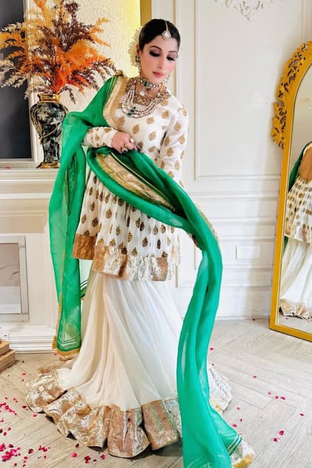 Buy_Kaynaat By Aanchal Sawhney_Ivory Georgette, Organza Sequins Round Floral Woven Peplum Anarkali Gharara Set _Online_at_Aza_Fashions