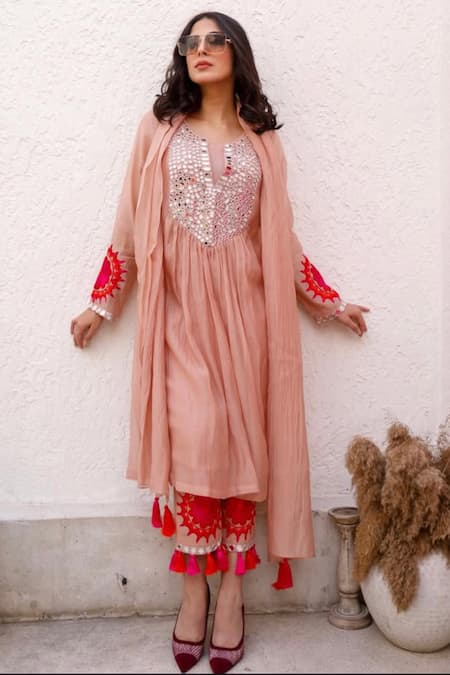 Kaynaat By Aanchal Sawhney Mirror Embroidered Peach Kurta Set 