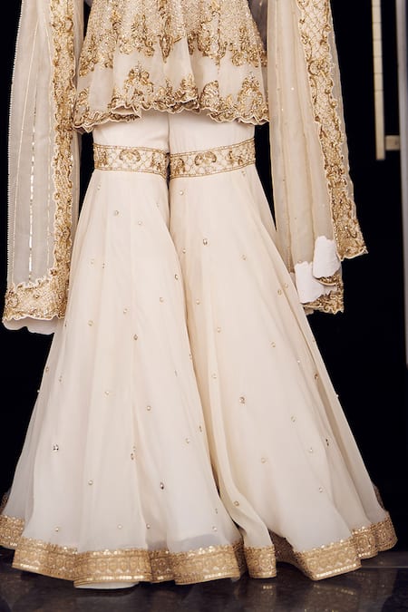 Kaynaat By Aanchal Sawhney_Ivory Organza Sequins, Diamonds Cowl Lotus Bloom Embroidered Kurta Gharara Set _Online_at_Aza_Fashions