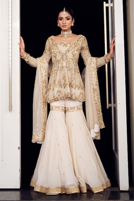 Buy_Kaynaat By Aanchal Sawhney_Ivory Organza Sequins, Diamonds Cowl Lotus Bloom Embroidered Kurta Gharara Set _Online_at_Aza_Fashions