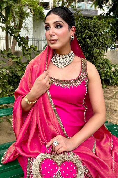 Shop Kaynaat By Aanchal Sawhney Pink Silk Cut Work, Pearls, Zari, Embroidery, Sequins Square Neck Kurta Set Online at Aza Fashions Shop_Kaynaat By Aanchal Sawhney_Pink Silk Cut Work, Pearls, Zari, Embroidery, Sequins Square Neck Kurta Set _Online_at_Aza_Fashions