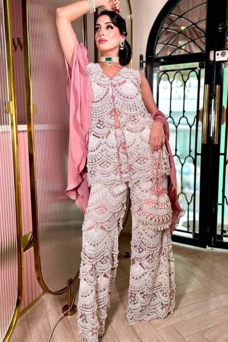 Kaynaat By Aanchal Sawhney Embellished Pearl Cutdana Jacket Pant Set 