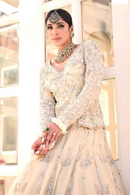 Kaynaat By Aanchal Sawhney_Yellow Tissue Pearls, Cut Work, Sequins Embroidered Kurta And Attached Lehenga Set _Online_at_Aza_Fashions