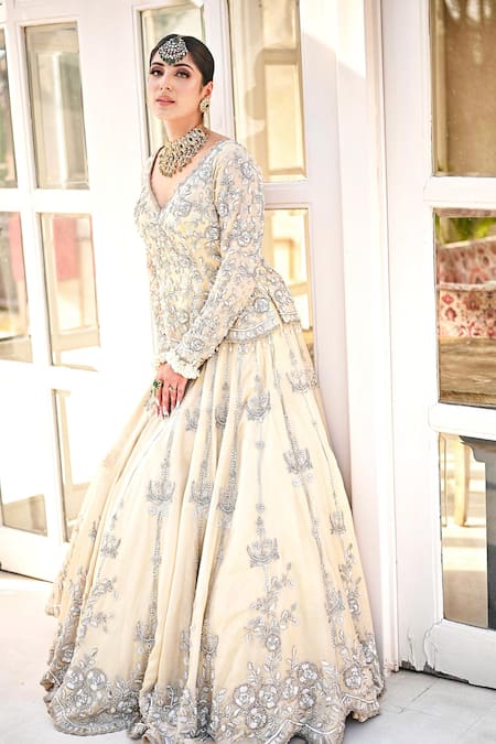 Shop Kaynaat By Aanchal Sawhney Yellow Tissue Pearls, Cut Work, Sequins Embroidered Kurta And Attached Lehenga Set Online at Aza Fashions Shop_Kaynaat By Aanchal Sawhney_Yellow Tissue Pearls, Cut Work, Sequins Embroidered Kurta And Attached Lehenga Set _Online_at_Aza_Fashions