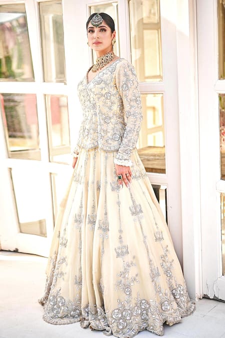 Kaynaat By Aanchal Sawhney_Yellow Tissue Pearls, Cut Work, Sequins Embroidered Kurta And Attached Lehenga Set _at_Aza_Fashions