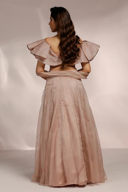 Shop_Label Moni K_Rose Gold Net Sequins, Cut Work, Embroidery Floral Vine Lehenga Set _at_Aza_Fashions