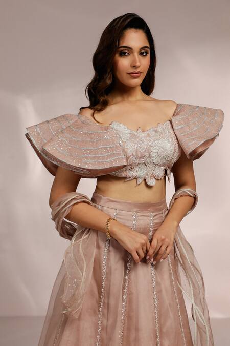 Label Moni K_Rose Gold Net Sequins, Cut Work, Embroidery Floral Vine Lehenga Set _Online_at_Aza_Fashions