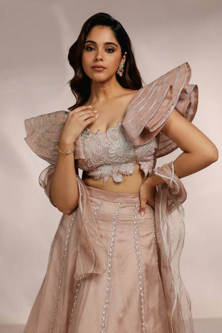 Buy_Label Moni K_Rose Gold Net Sequins, Cut Work, Embroidery Floral Vine Lehenga Set _Online_at_Aza_Fashions