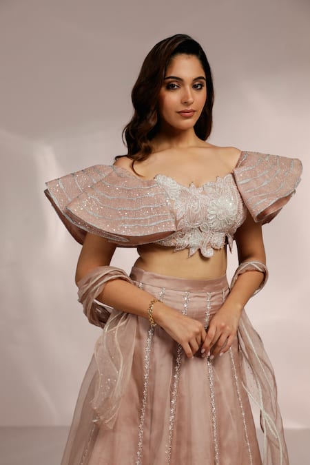 Label Moni K_Rose Gold Net Sequins, Cut Work, Embroidery Floral Vine Lehenga Set _at_Aza_Fashions