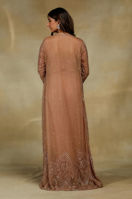 Shop Label Moni K Rose Gold Net, Organza Pearls, Sequins, Geometric Jacket Draped Skirt Set at Aza Fashions Shop_Label Moni K_Rose Gold Net, Organza Pearls, Sequins, Geometric Jacket Draped Skirt Set _at_Aza_Fashions