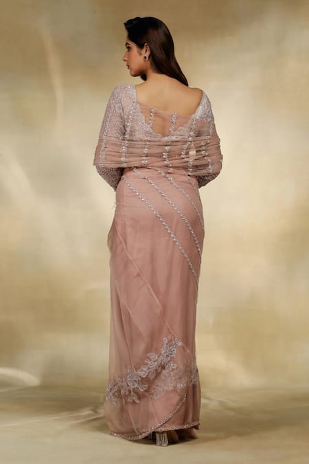 Shop Label Moni K Rose Gold Net, Organza Sequins, Cut Work, Floral Stripes Pre-draped Saree Set at Aza Fashions Shop_Label Moni K_Rose Gold Net, Organza Sequins, Cut Work, Floral Stripes Pre-draped Saree Set _at_Aza_Fashions