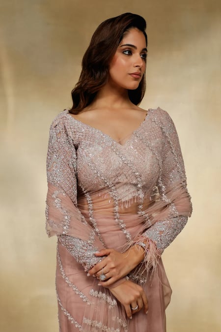 Buy Label Moni K Rose Gold Net, Organza Sequins, Cut Work, Floral Stripes Pre-draped Saree Set Online at Aza Fashions Buy_Label Moni K_Rose Gold Net, Organza Sequins, Cut Work, Floral Stripes Pre-draped Saree Set _Online_at_Aza_Fashions