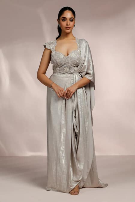 Label Moni K_Silver Silk, Crepe Cut Work, Embroidery Sweetheart 3d Floral Pre-draped Saree _Online_at_Aza_Fashions
