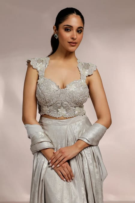 Buy_Label Moni K_Silver Silk, Crepe Cut Work, Embroidery Sweetheart 3d Floral Pre-draped Saree _Online_at_Aza_Fashions