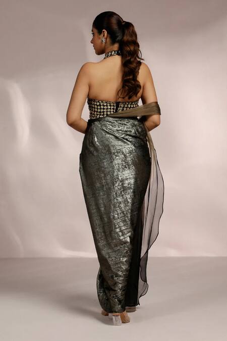 Label Moni K Black Metallic Draped Skirt & Halter Blouse 