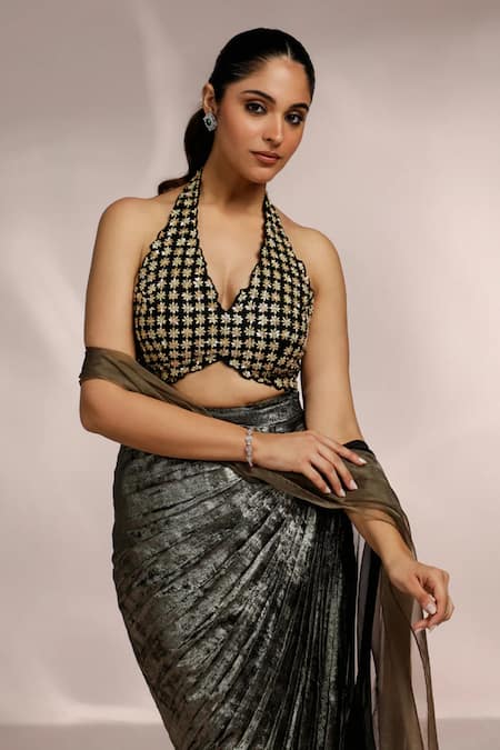 Label Moni K Black Organza, Crepe Embroidery Halter Neck Metallic Draped Skirt And Blouse Online at Aza Fashions Label Moni K_Black Organza, Crepe Embroidery Halter Neck Metallic Draped Skirt And Blouse _Online_at_Aza_Fashions