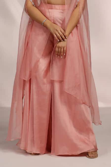 Label Moni K_Pink Georgette, Organza Sequins, Zari Floral Embroidered Cape Sharara Set _Online_at_Aza_Fashions