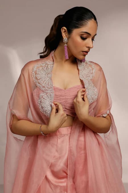 Buy_Label Moni K_Pink Georgette, Organza Sequins, Zari Floral Embroidered Cape Sharara Set _Online_at_Aza_Fashions