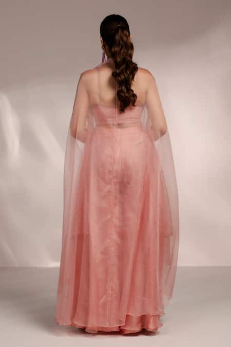 Shop_Label Moni K_Pink Georgette, Organza Sequins, Zari Floral Embroidered Cape Sharara Set _at_Aza_Fashions