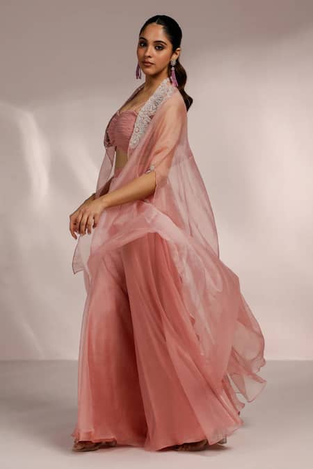 Shop_Label Moni K_Pink Georgette, Organza Sequins, Zari Floral Embroidered Cape Sharara Set _Online_at_Aza_Fashions