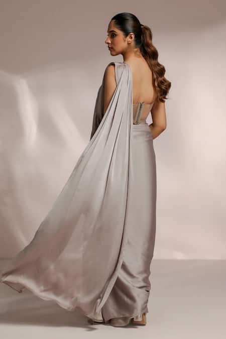 Label Moni K Grey Pre-Draped Ruffle Saree & Corset Blouse 