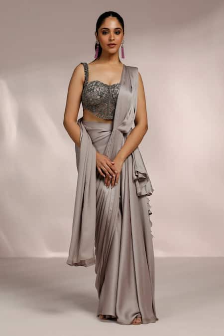 Buy_Label Moni K_Gray Net, Satin, Wool Sequins, Grey Pre-draped Ruffle Saree And Corset Blouse _Online_at_Aza_Fashions